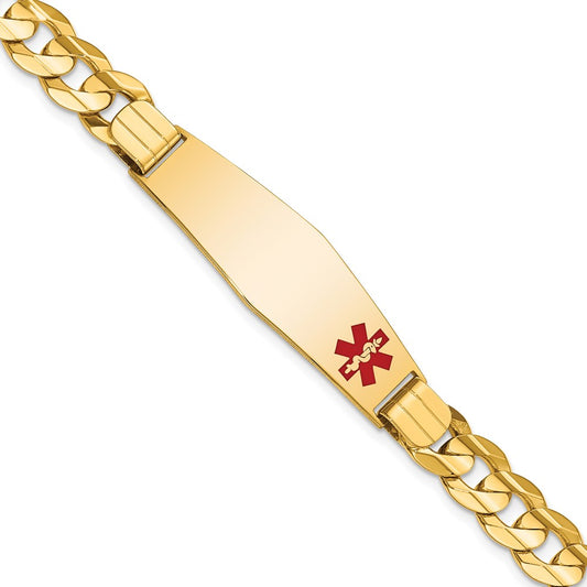 14K Yellow Gold Medical Solid Chain/Solid Plate Soft Diamond Shape 39X12mm Off Center Red Enamel Curb Link 8 Inch Id Bracelet