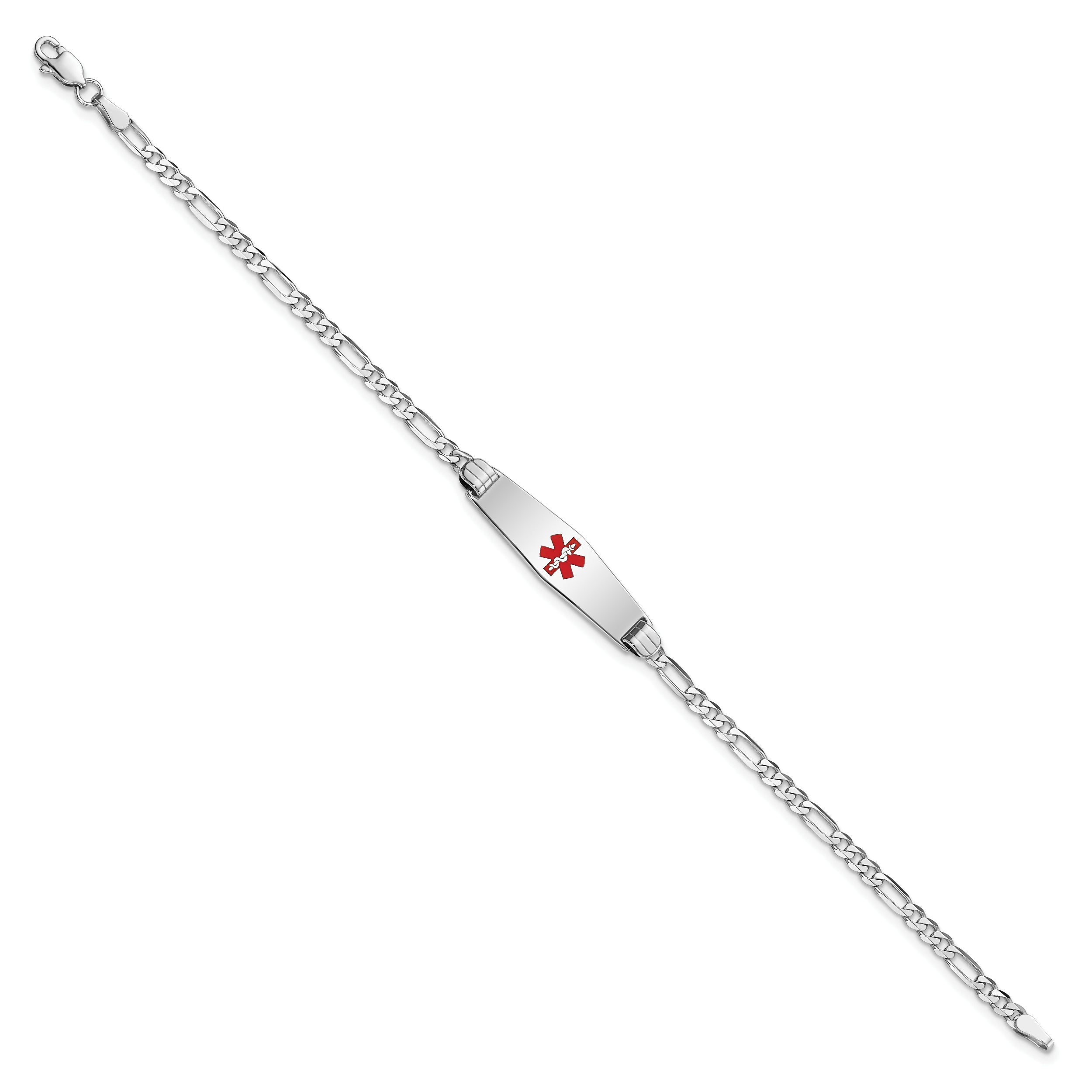 14K White Gold Medical Solid Chain/Solid Plate 24X7mm Soft Diamond Shape Centered Red Enamel Figaro Link 7 Inch Id Bracelet