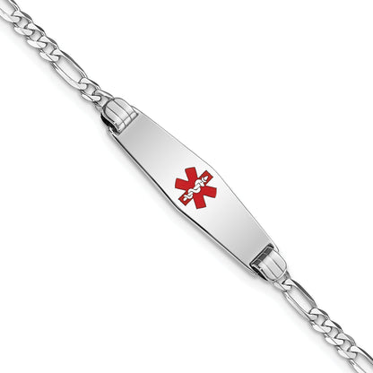14K White Gold Medical Solid Chain/Solid Plate 24X7mm Soft Diamond Shape Centered Red Enamel Figaro Link 8 Inch Id Bracelet