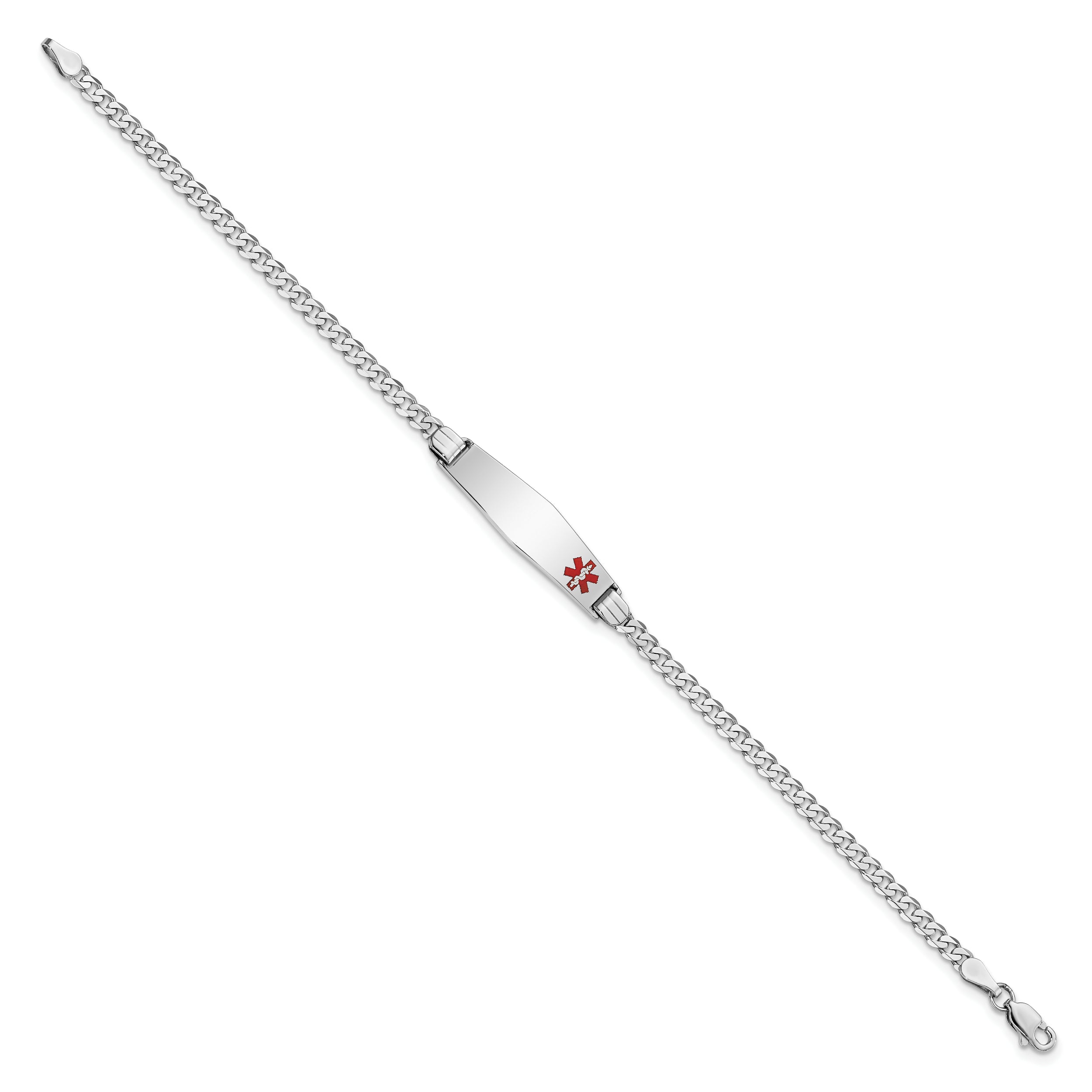 14K White Gold Medical Solid Chain/Solid Plate 26X7mm Soft Diamond Shape Off Center Red Enamel Flat Curb Link 8 Inch Id Bracelet