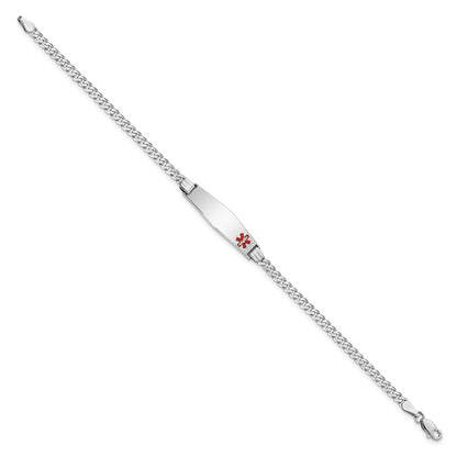 14K White Gold Medical Solid Chain/Solid Plate 26X7mm Soft Diamond Shape Off Center Red Enamel Flat Curb Link 8 Inch Id Bracelet
