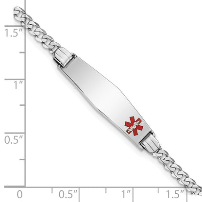 14K White Gold Medical Solid Chain/Solid Plate 26X7mm Soft Diamond Shape Off Center Red Enamel Flat Curb Link 7 Inch Id Bracelet