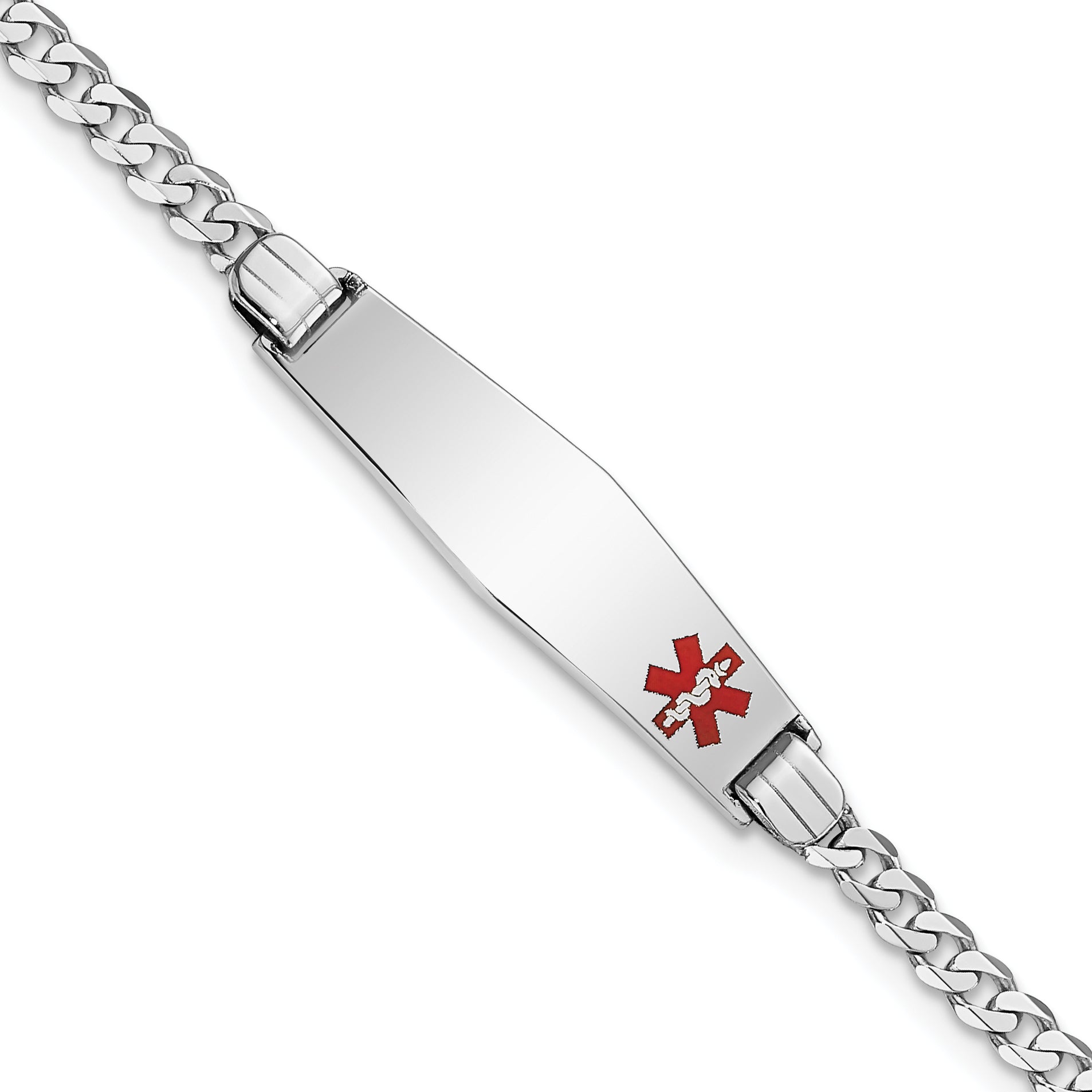 14K White Gold Medical Solid Chain/Solid Plate 26X7mm Soft Diamond Shape Off Center Red Enamel Flat Curb Link 8 Inch Id Bracelet