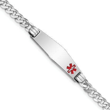 14K White Gold Medical Solid Chain/Solid Plate 26X7mm Soft Diamond Shape Off Center Red Enamel Flat Curb Link 7 Inch Id Bracelet