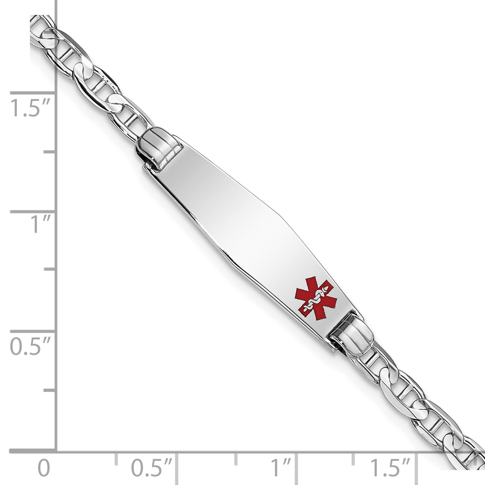 14K White Gold Medical Solid Chain/Solid Plate 26X7mm Soft Diamond Shape Off Center Red Enamel Anchor Link 8 Inch Id Bracelet