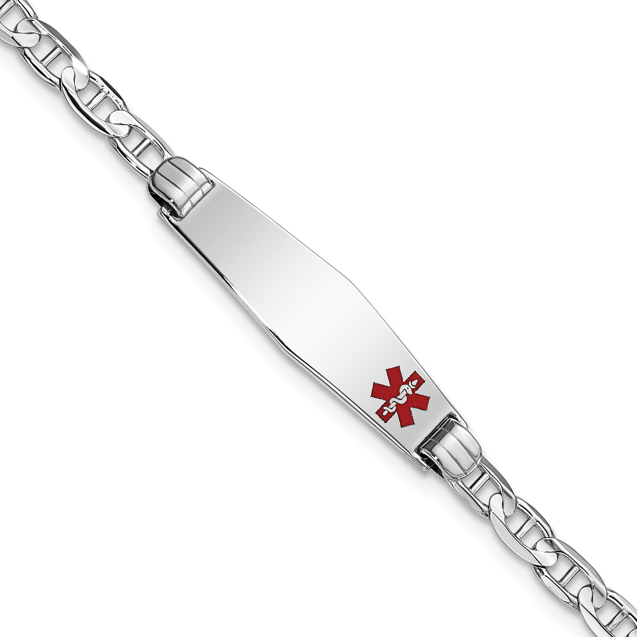 14K White Gold Medical Solid Chain/Solid Plate 26X7mm Soft Diamond Shape Off Center Red Enamel Anchor Link 8 Inch Id Bracelet