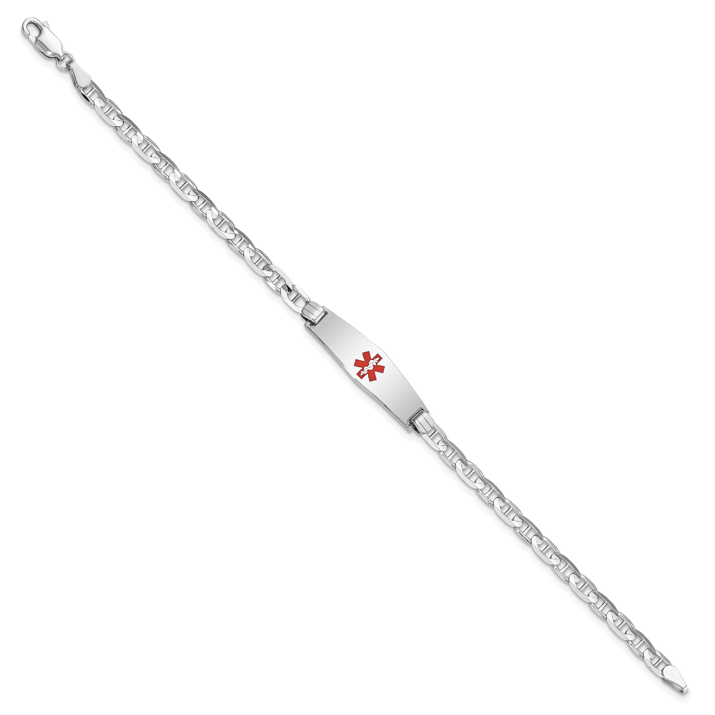 14K White Gold Medical Solid Chain/Solid Plate 24X7mm Soft Diamond Shape Centered Red Enamel Anchor Link 8 Inch Id Bracelet