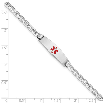 14K White Gold Medical Solid Chain/Solid Plate 24X7mm Soft Diamond Shape Centered Red Enamel Anchor Link 7 Inch Id Bracelet