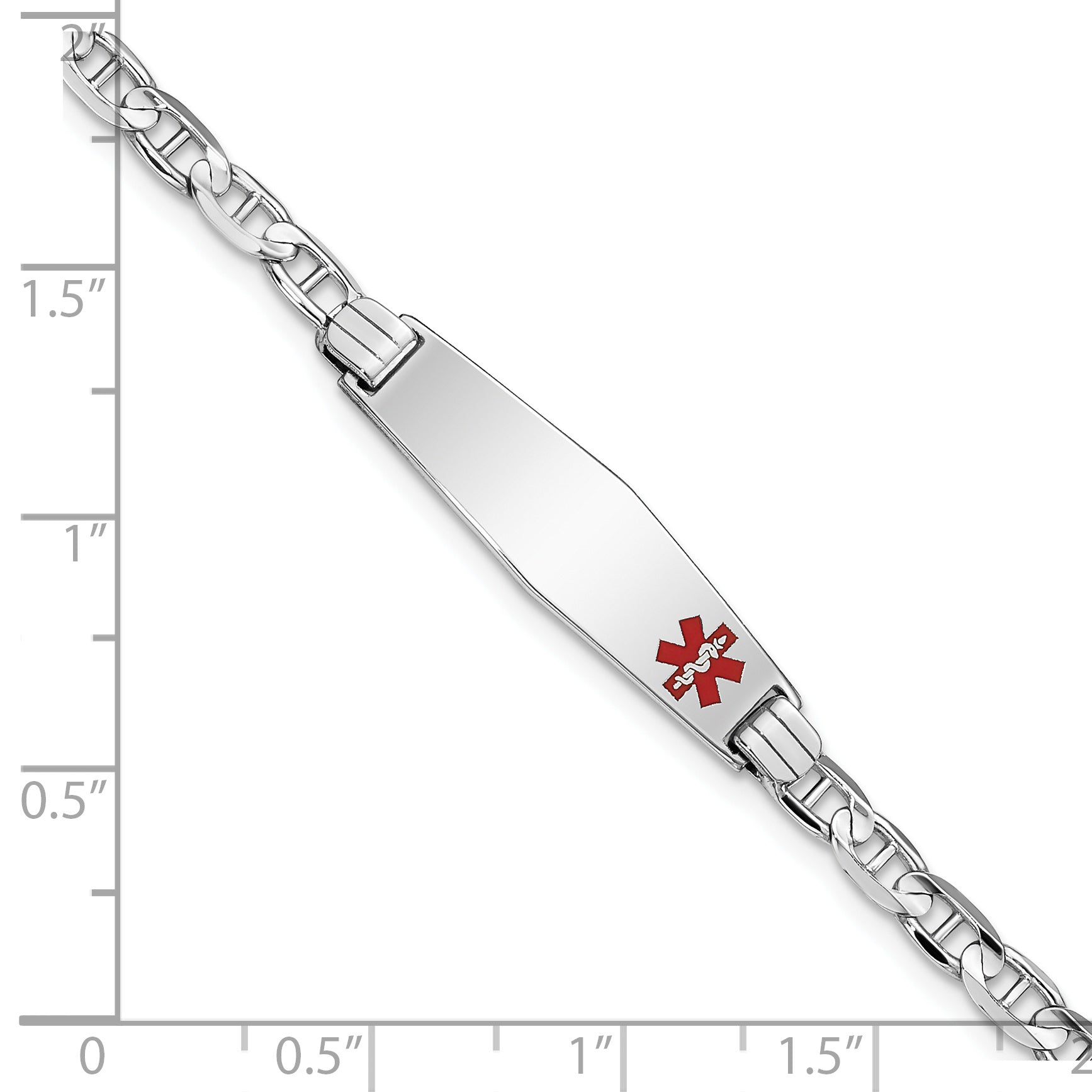 14K White Gold Medical Solid Chain/Solid Plate 26X7mm Soft Diamond Shape Off Center Red Enamel Anchor Link 8 Inch Id Bracelet
