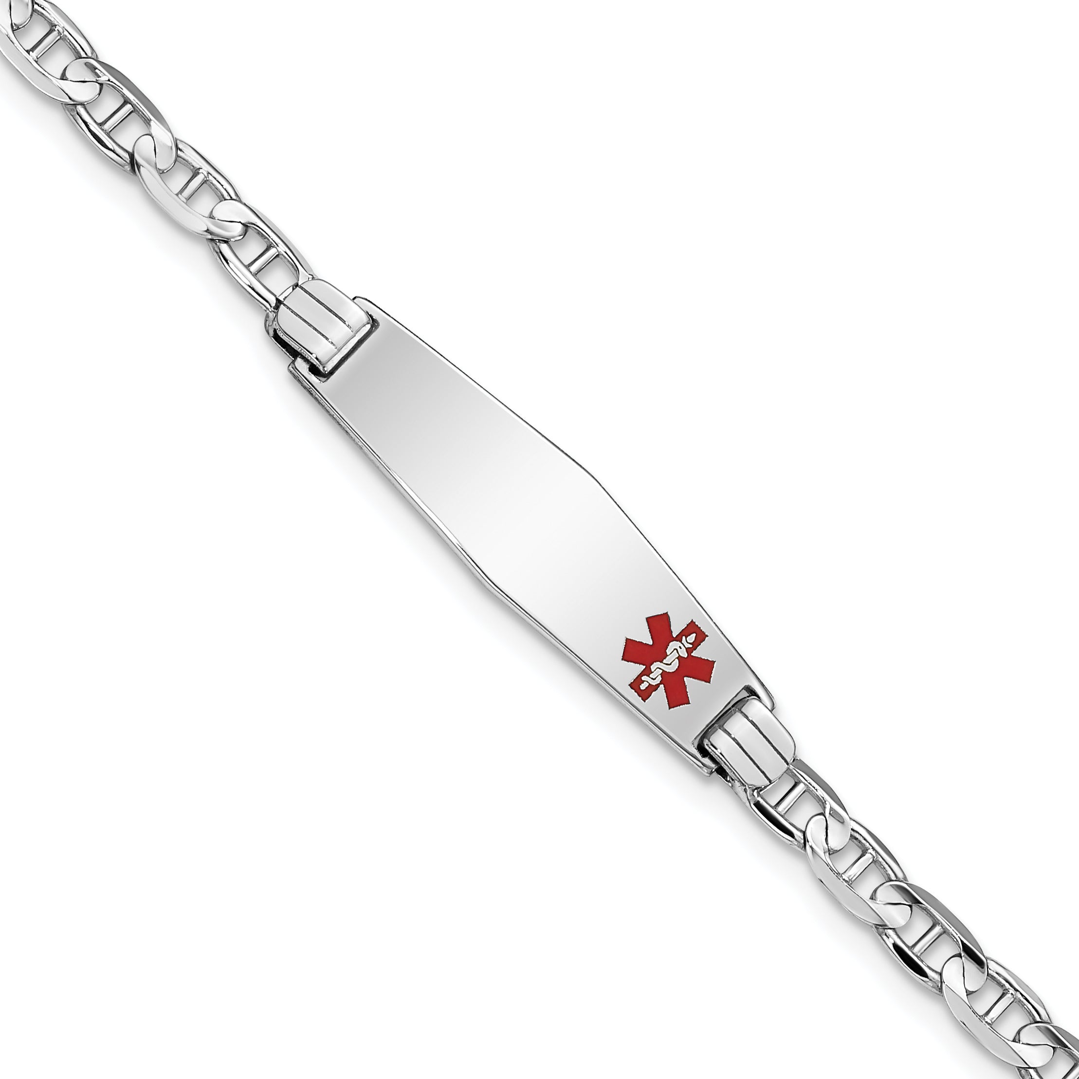 14K White Gold Medical Solid Chain/Solid Plate 26X7mm Soft Diamond Shape Off Center Red Enamel Anchor Link 8 Inch Id Bracelet