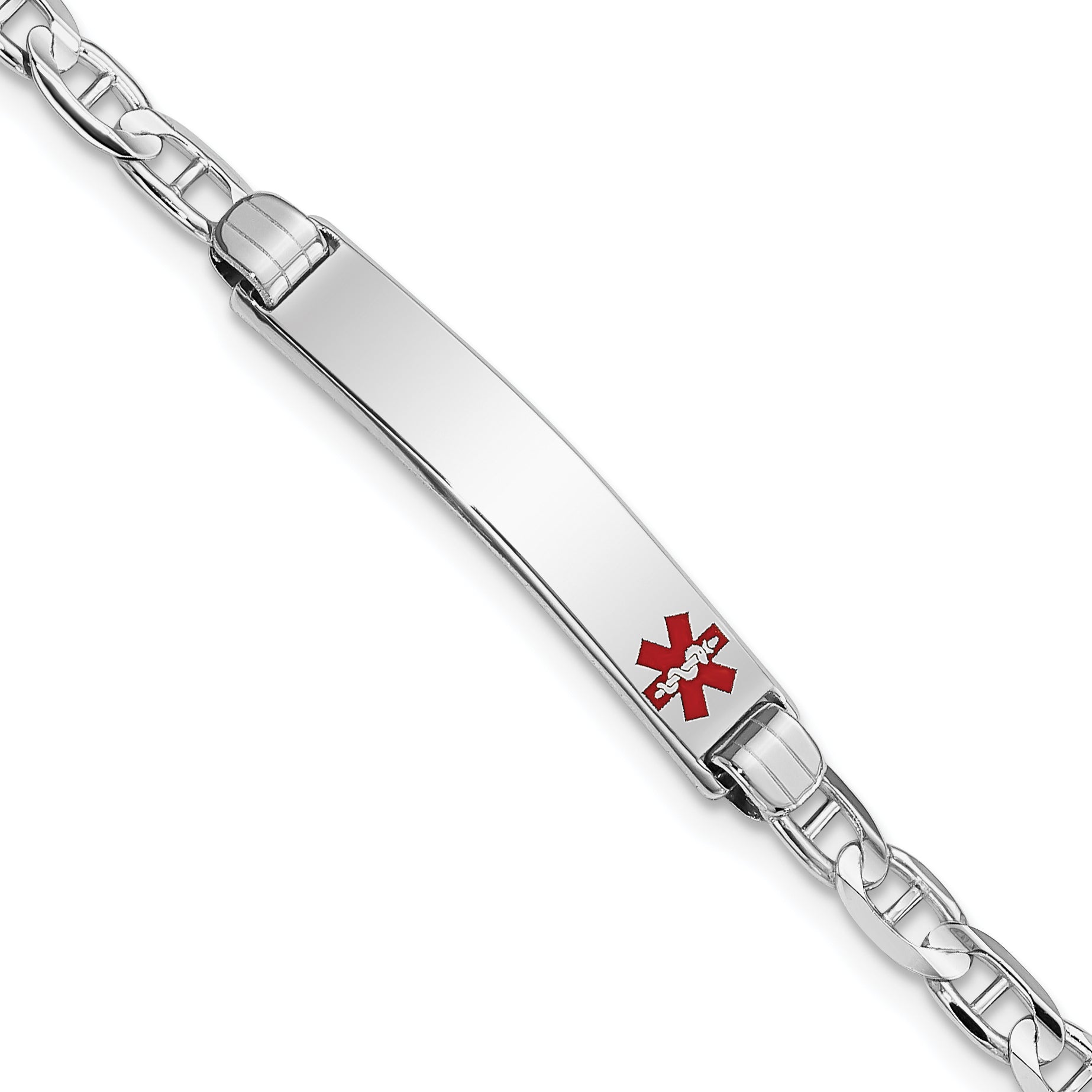 14K White Gold Medical Solid Chain/Solid Plate 26X5mm Off Center Red Enamel Anchor Link 7 Inch Id Bracelet