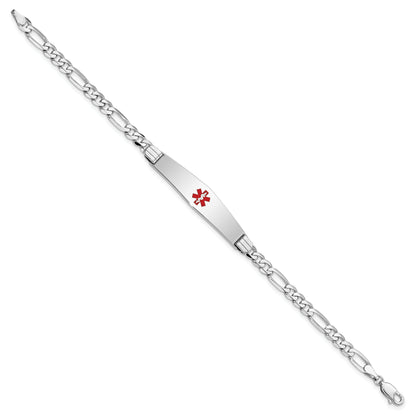14K White Gold Medical Solid Chain/Solid Plate Soft Diamond Shape 36X9mm Centered Red Enamel Figaro Link 8 Inch Id Bracelet