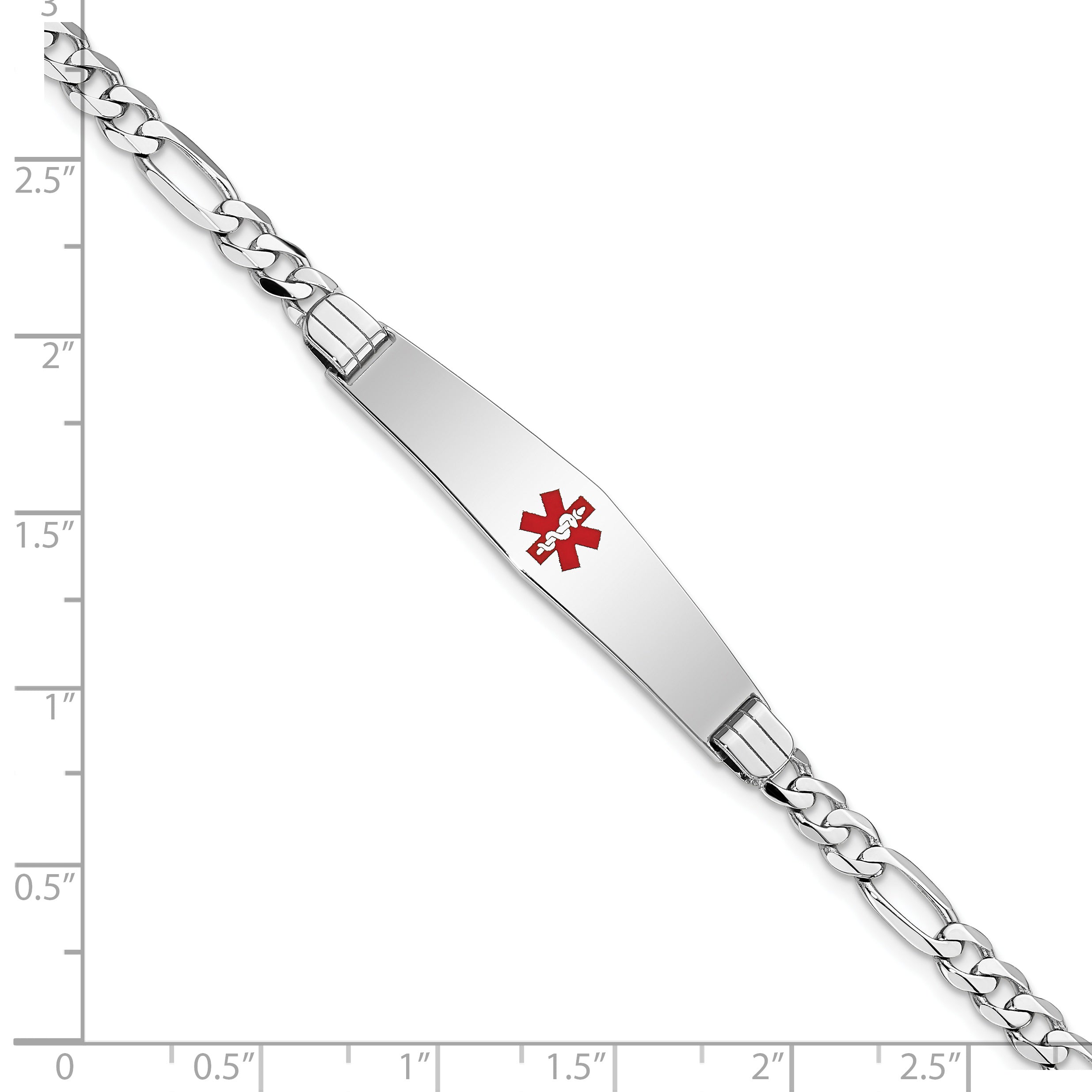 14K White Gold Medical Solid Chain/Solid Plate Soft Diamond Shape 36X9mm Centered Red Enamel Figaro Link 8 Inch Id Bracelet