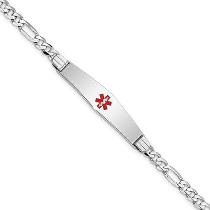 14K White Gold Medical Solid Chain/Solid Plate Soft Diamond Shape 36X9mm Centered Red Enamel Figaro Link 8 Inch Id Bracelet