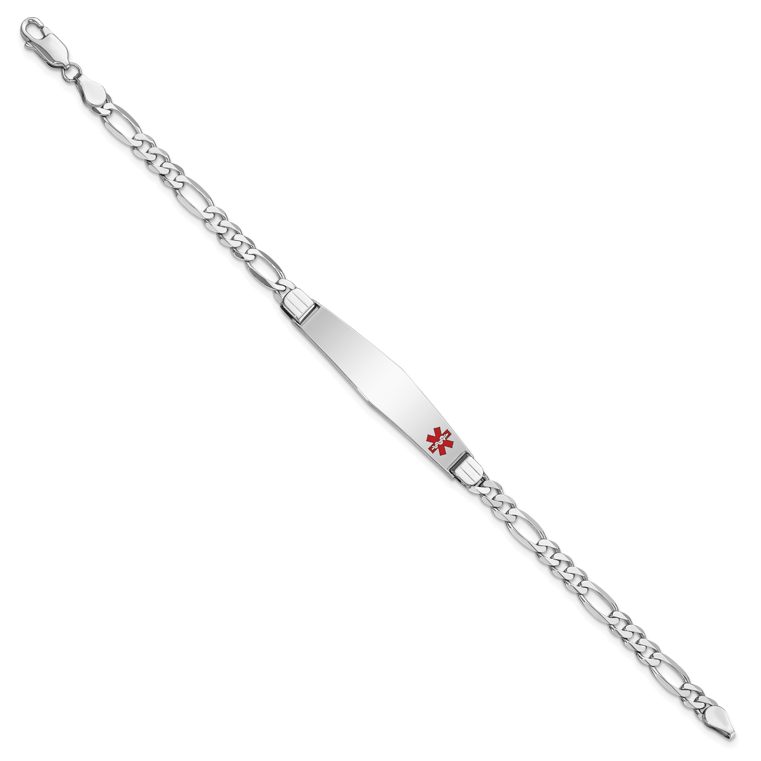 14K White Gold Medical Solid Chain/Solid Plate Soft Diamond Shape 37X9mm Off Center Red Enamel Figaro Link 8 Inch Id Bracelet