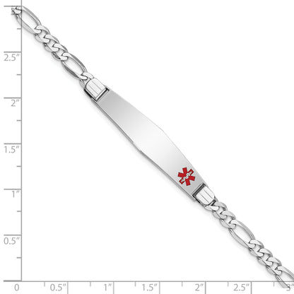 14K White Gold Medical Solid Chain/Solid Plate Soft Diamond Shape 37X9mm Off Center Red Enamel Figaro Link 8 Inch Id Bracelet