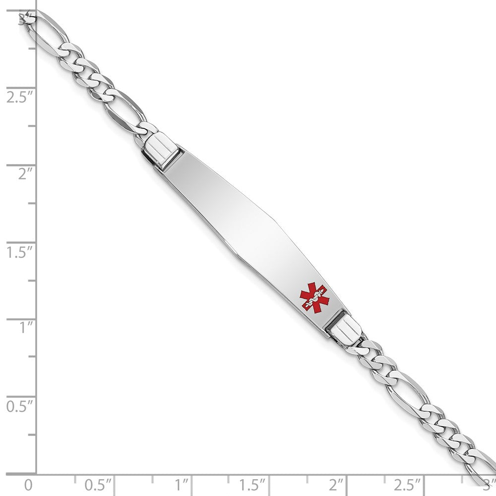 14K White Gold Medical Solid Chain/Solid Plate Soft Diamond Shape 37X9mm Off Center Red Enamel Figaro Link 7 Inch Id Bracelet