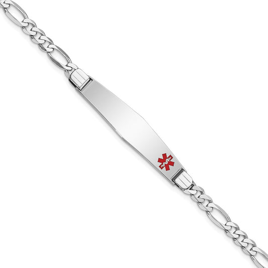 14K White Gold Medical Solid Chain/Solid Plate Soft Diamond Shape 37X9mm Off Center Red Enamel Figaro Link 7 Inch Id Bracelet