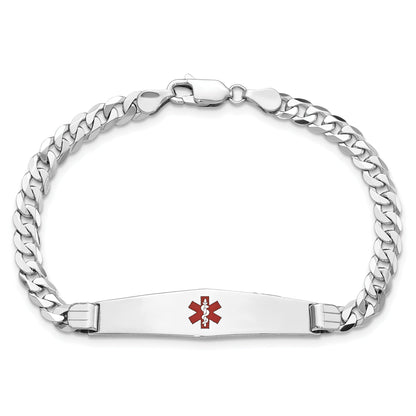 14K White Gold Medical Solid Chain/Solid Plate Soft Diamond Shape 36X9mm Centered Red Enamel Flat Curb Link 7 Inch Id Bracelet