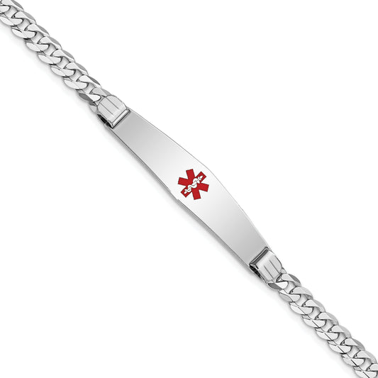 14K White Gold Medical Solid Chain/Solid Plate Soft Diamond Shape 36X9mm Centered Red Enamel Flat Curb Link 8 Inch Id Bracelet