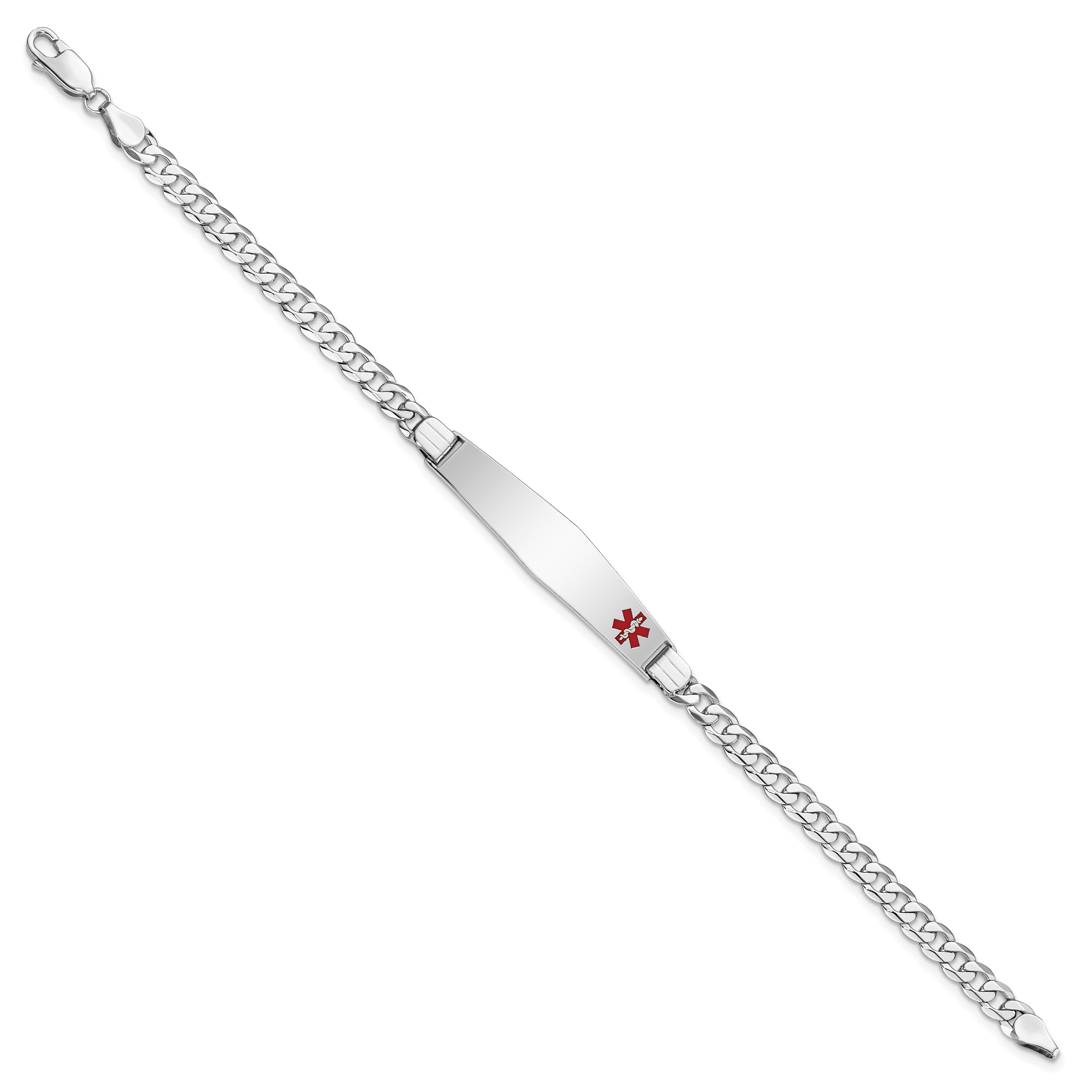 14K White Gold Medical Solid Chain/Solid Plate Soft Diamond Shape 37X9mm Off Center Red Enamel Flat Curb Link 8 Inch Id Bracelet