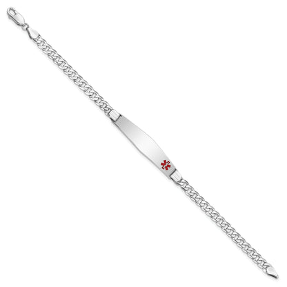 14K White Gold Medical Solid Chain/Solid Plate Soft Diamond Shape 37X9mm Off Center Red Enamel Flat Curb Link 8 Inch Id Bracelet
