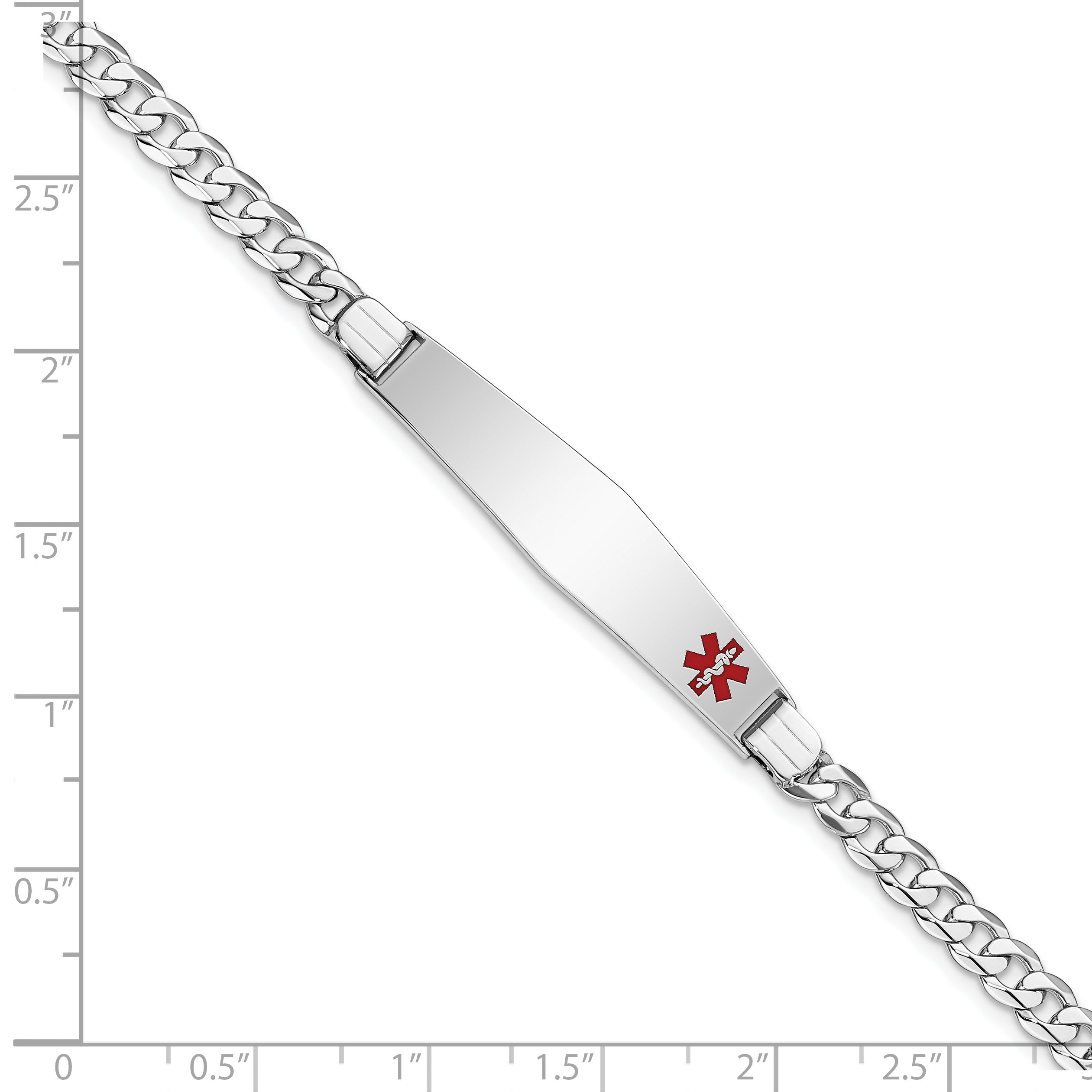 14K White Gold Medical Solid Chain/Solid Plate Soft Diamond Shape 37X9mm Off Center Red Enamel Flat Curb Link 7 Inch Id Bracelet