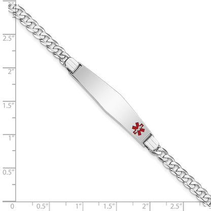 14K White Gold Medical Solid Chain/Solid Plate Soft Diamond Shape 37X9mm Off Center Red Enamel Flat Curb Link 7 Inch Id Bracelet