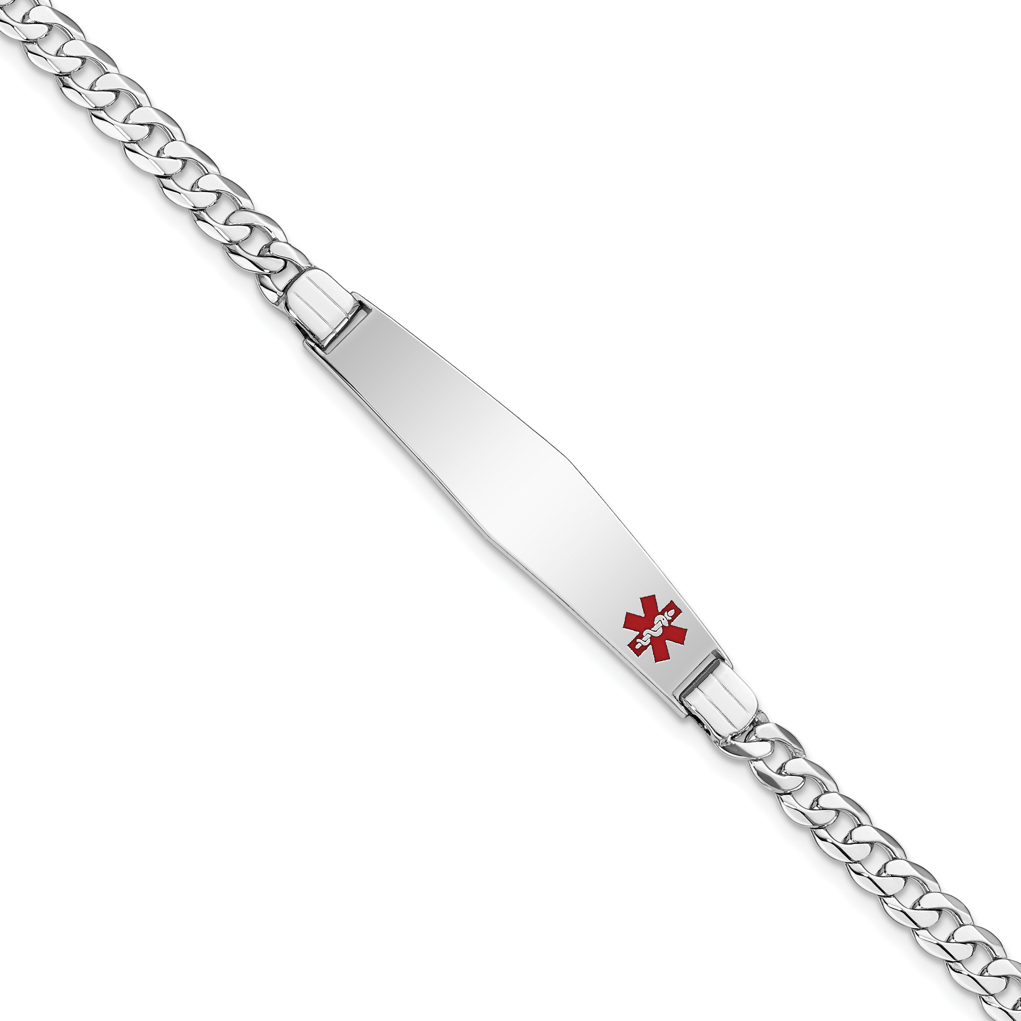 14K White Gold Medical Solid Chain/Solid Plate Soft Diamond Shape 37X9mm Off Center Red Enamel Flat Curb Link 8 Inch Id Bracelet