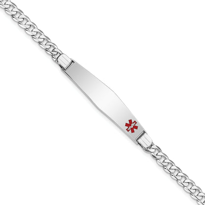 14K White Gold Medical Solid Chain/Solid Plate Soft Diamond Shape 37X9mm Off Center Red Enamel Flat Curb Link 8 Inch Id Bracelet