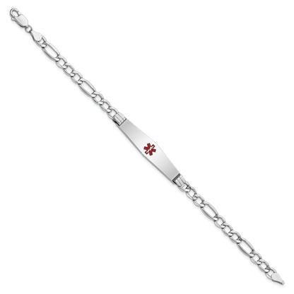 14K White Gold Medical Semi Solid Chain/Solid Plate Soft Diamond Shape 37X9mm Centered Red Enamel Figaro Link 8 Inch Id Bracelet