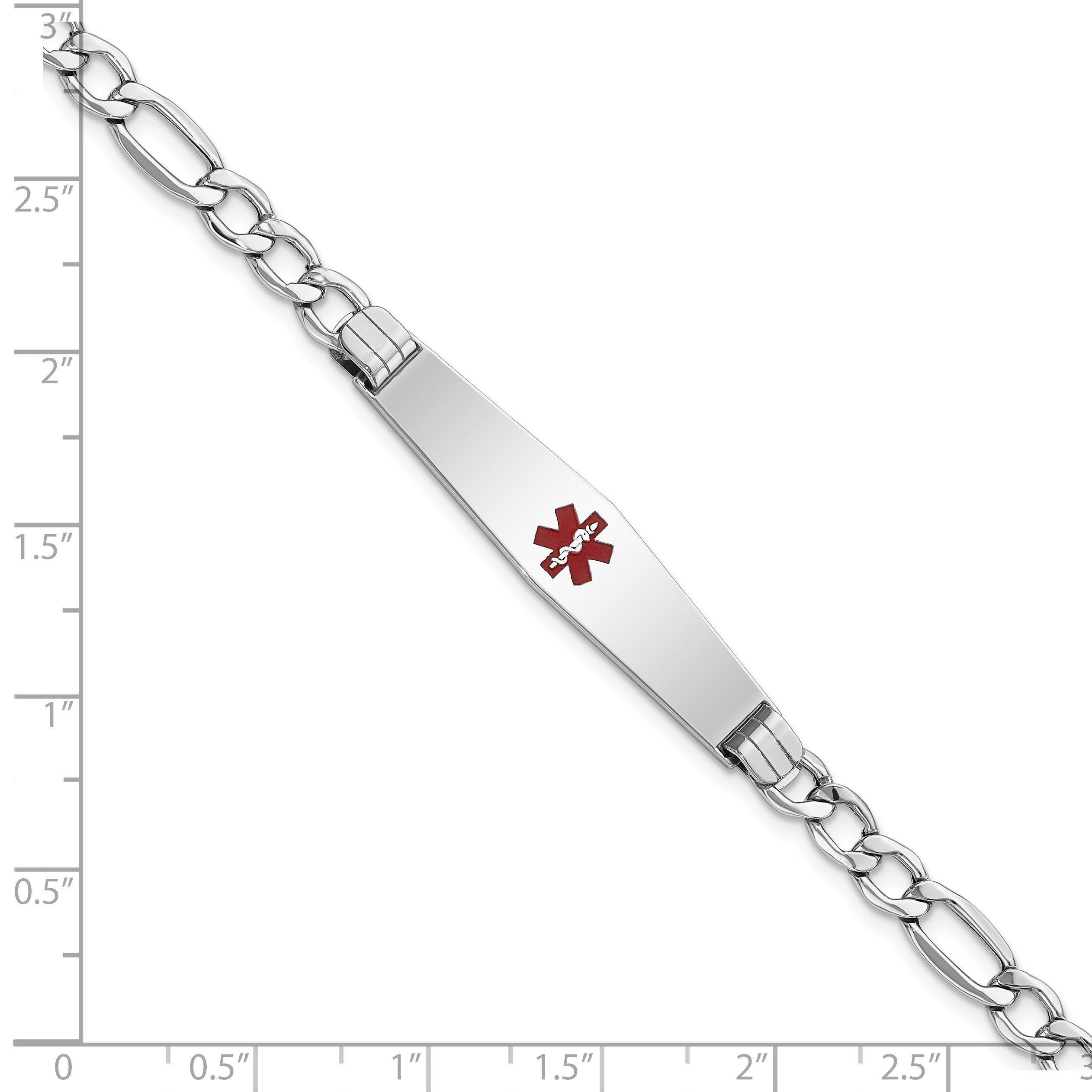 14K White Gold Medical Semi Solid Chain/Solid Plate Soft Diamond Shape 37X9mm Centered Red Enamel Figaro Link 7 Inch Id Bracelet