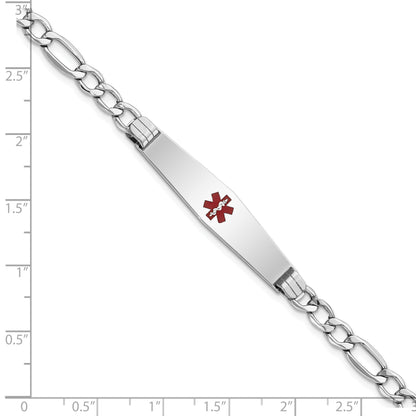 14K White Gold Medical Semi Solid Chain/Solid Plate Soft Diamond Shape 37X9mm Centered Red Enamel Figaro Link 8 Inch Id Bracelet