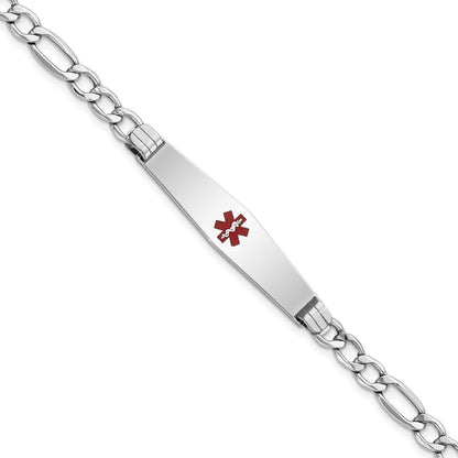 14K White Gold Medical Semi Solid Chain/Solid Plate Soft Diamond Shape 37X9mm Centered Red Enamel Figaro Link 7 Inch Id Bracelet