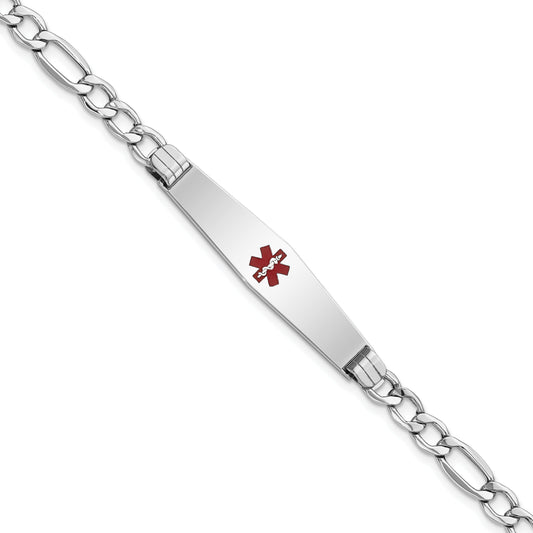 14K White Gold Medical Semi Solid Chain/Solid Plate Soft Diamond Shape 37X9mm Centered Red Enamel Figaro Link 7 Inch Id Bracelet