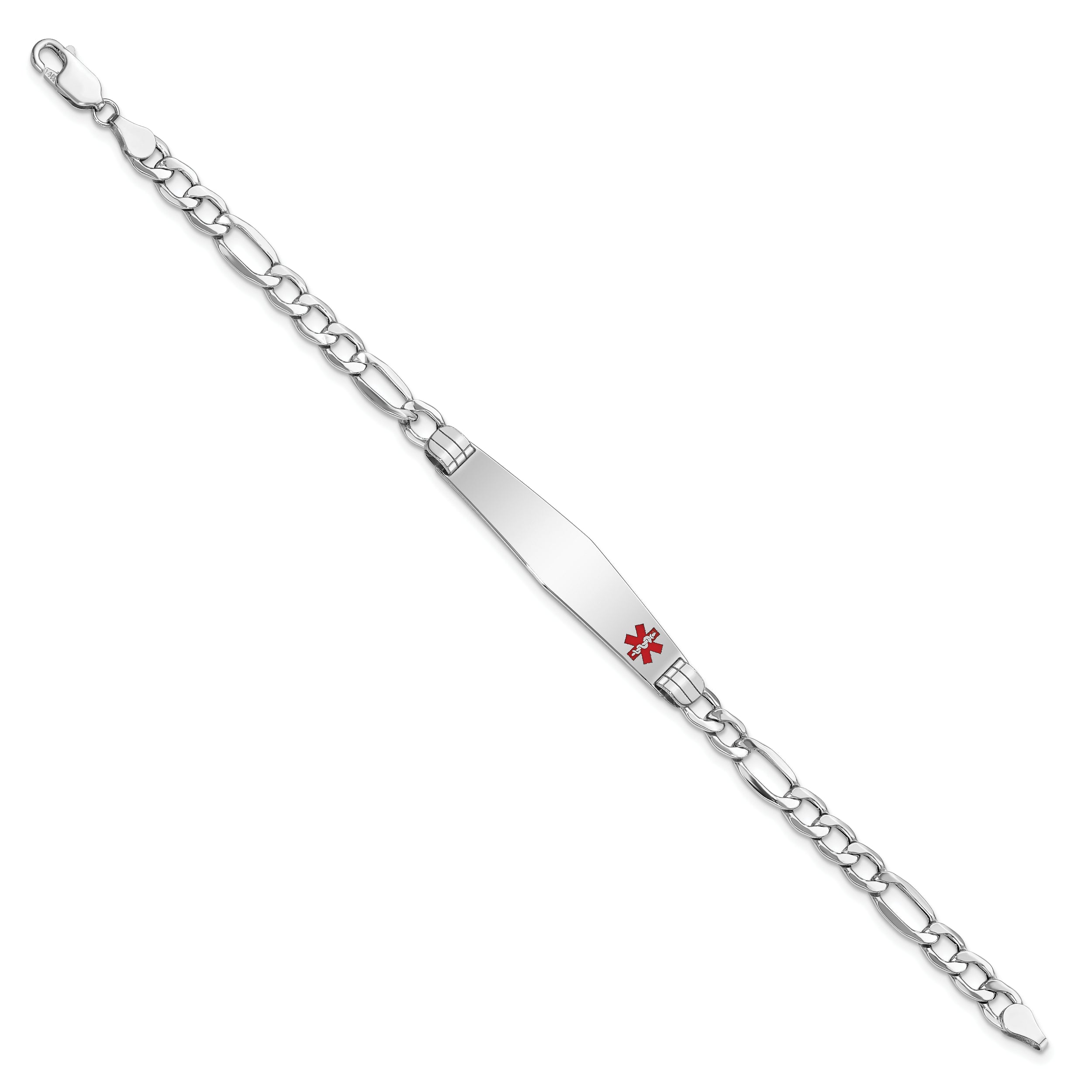 14K White Gold Medical Semi Solid Chain/Solid Plate Soft Diamond Shape 37X9mm Off Center Red Enamel Figaro Link 8 Inch Id Bracelet