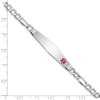 14K White Gold Medical Semi Solid Chain/Solid Plate Soft Diamond Shape 37X9mm Off Center Red Enamel Figaro Link 7 Inch Id Bracelet