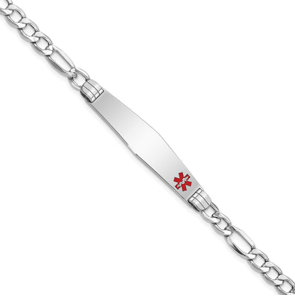 14K White Gold Medical Semi Solid Chain/Solid Plate Soft Diamond Shape 37X9mm Off Center Red Enamel Figaro Link 8 Inch Id Bracelet