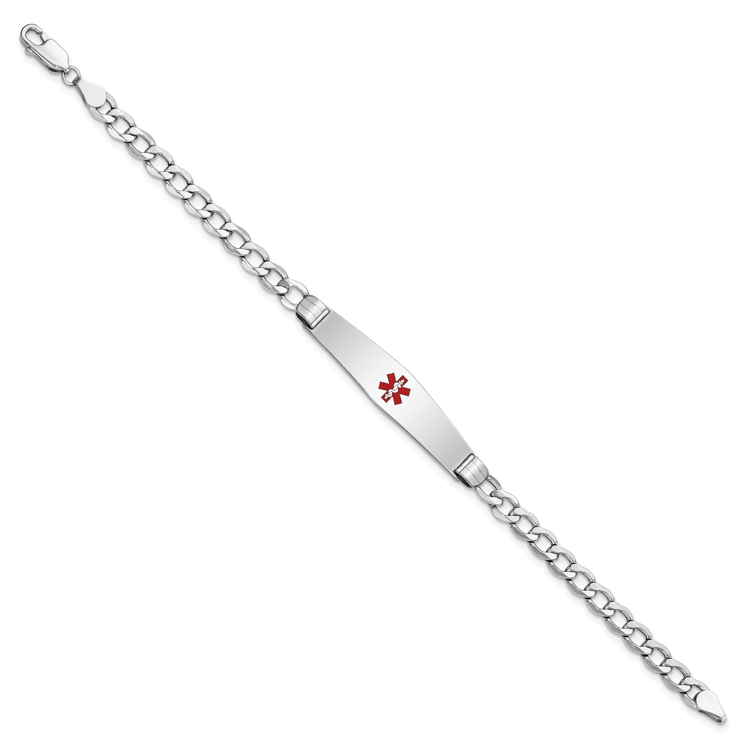 14K White Gold Medical Semi Solid Chain/Solid Plate Soft Diamond Shape 36X9mm Centered Red Enamel Curb Link 7 Inch Id Bracelet