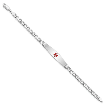 14K White Gold Medical Semi Solid Chain/Solid Plate Soft Diamond Shape 36X9mm Centered Red Enamel Curb Link 7 Inch Id Bracelet