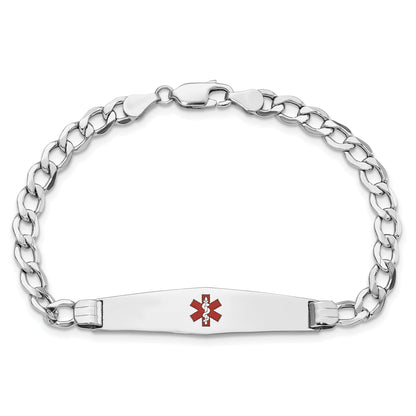 14K White Gold Medical Semi Solid Chain/Solid Plate Soft Diamond Shape 36X9mm Centered Red Enamel Curb Link 8 Inch Id Bracelet