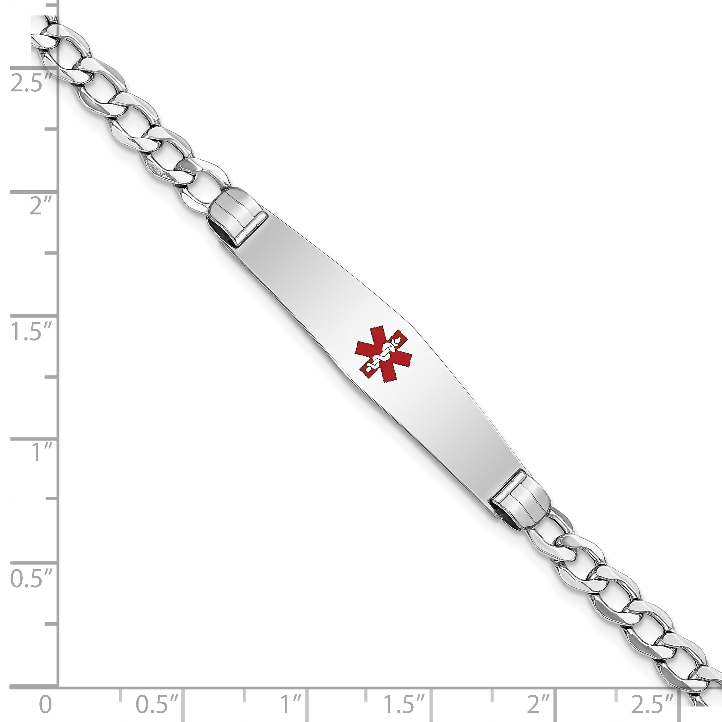 14K White Gold Medical Semi Solid Chain/Solid Plate Soft Diamond Shape 36X9mm Centered Red Enamel Curb Link 7 Inch Id Bracelet