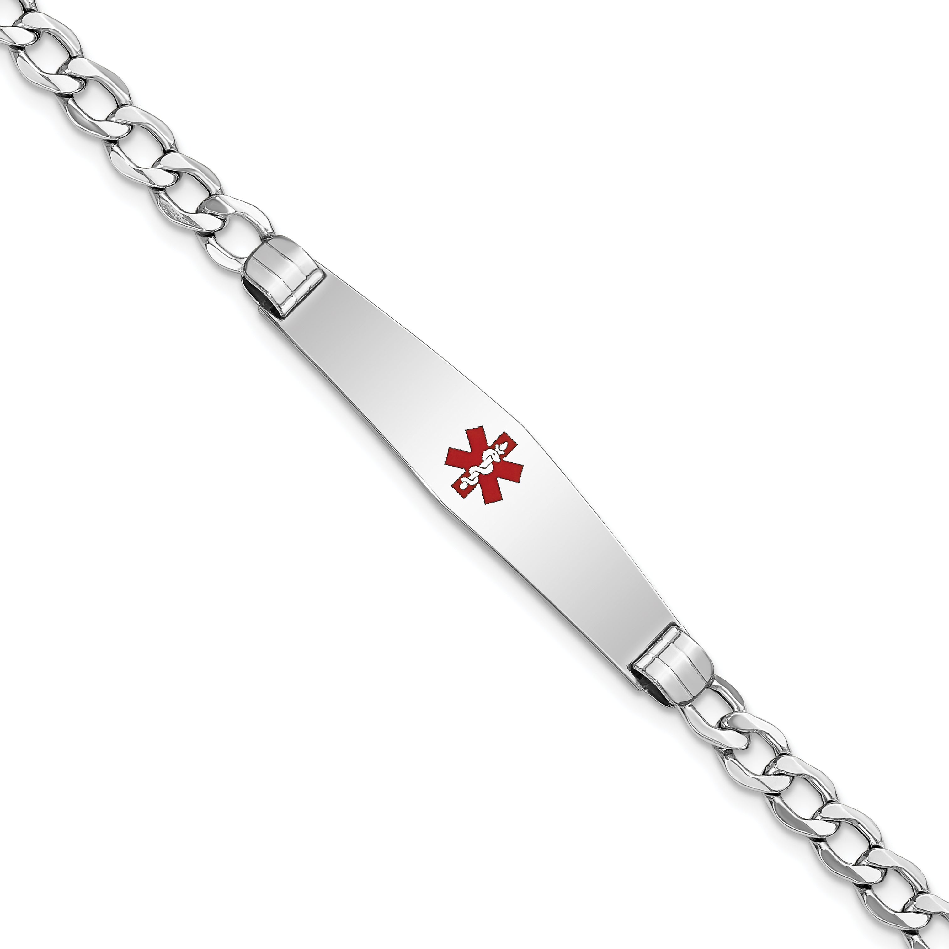 14K White Gold Medical Semi Solid Chain/Solid Plate Soft Diamond Shape 36X9mm Centered Red Enamel Curb Link 7 Inch Id Bracelet