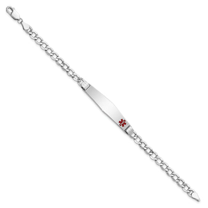 14K White Gold Medical Semi Solid Chain/Solid Plate Soft Diamond Shape 37X9mm Off Center Red Enamel Cuban Link 8 Inch Id Bracelet