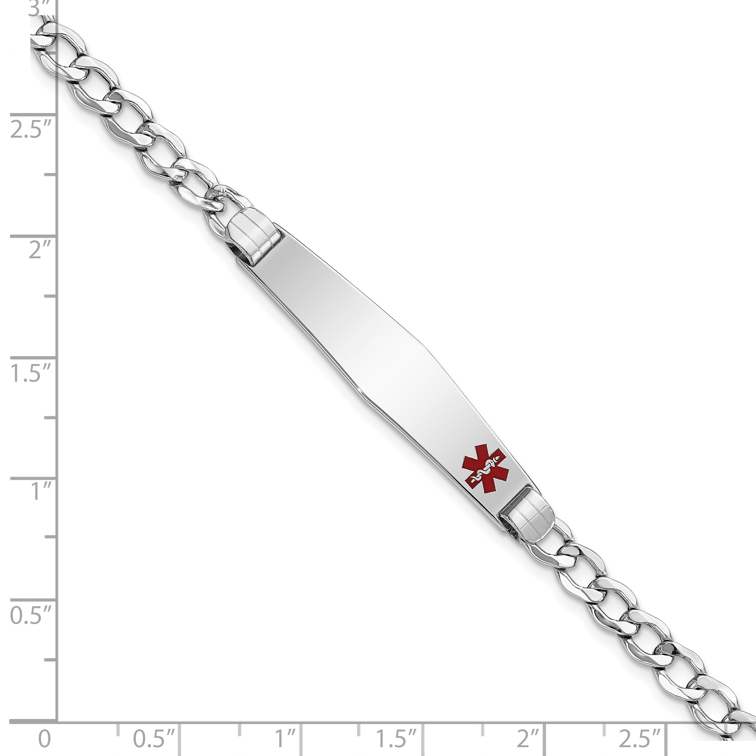 14K White Gold Medical Semi Solid Chain/Solid Plate Soft Diamond Shape 37X9mm Off Center Red Enamel Cuban Link 7 Inch Id Bracelet