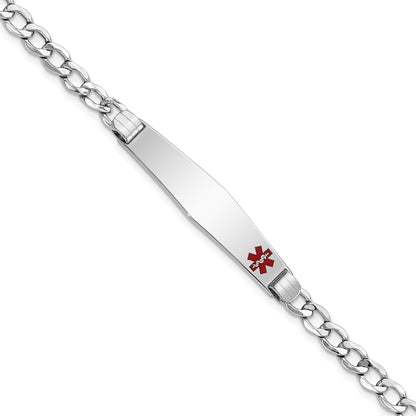 14K White Gold Medical Semi Solid Chain/Solid Plate Soft Diamond Shape 37X9mm Off Center Red Enamel Cuban Link 7 Inch Id Bracelet