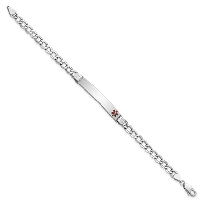14K White Gold Medical Semi Solid Chain/Solid Plate 37X6mm Off Center Red Enamel Curb Link 7 Inch Id Bracelet