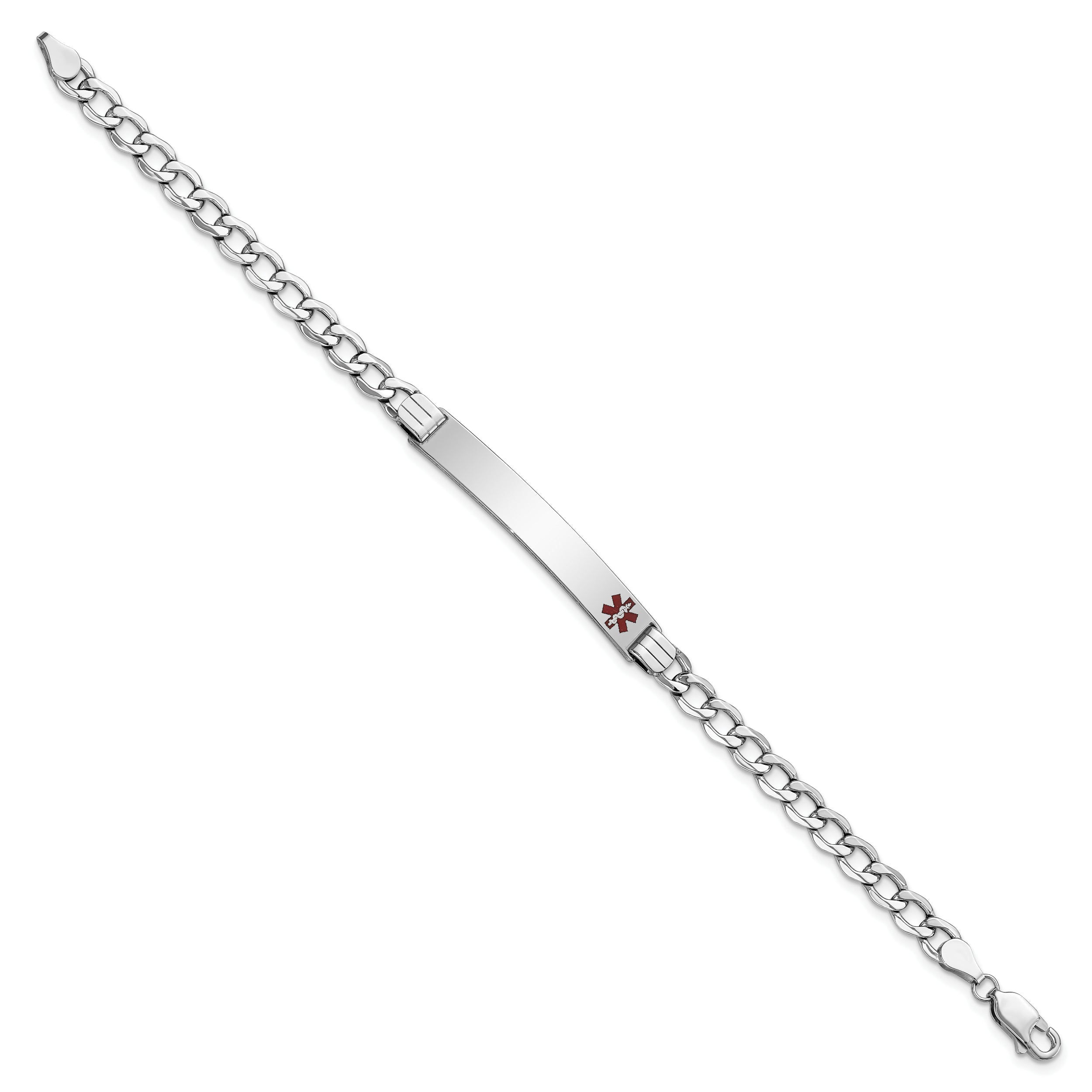 14K White Gold Medical Semi Solid Chain/Solid Plate 37X6mm Off Center Red Enamel Curb Link 8 Inch Id Bracelet