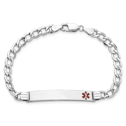 14K White Gold Medical Semi Solid Chain/Solid Plate 37X6mm Off Center Red Enamel Curb Link 8 Inch Id Bracelet