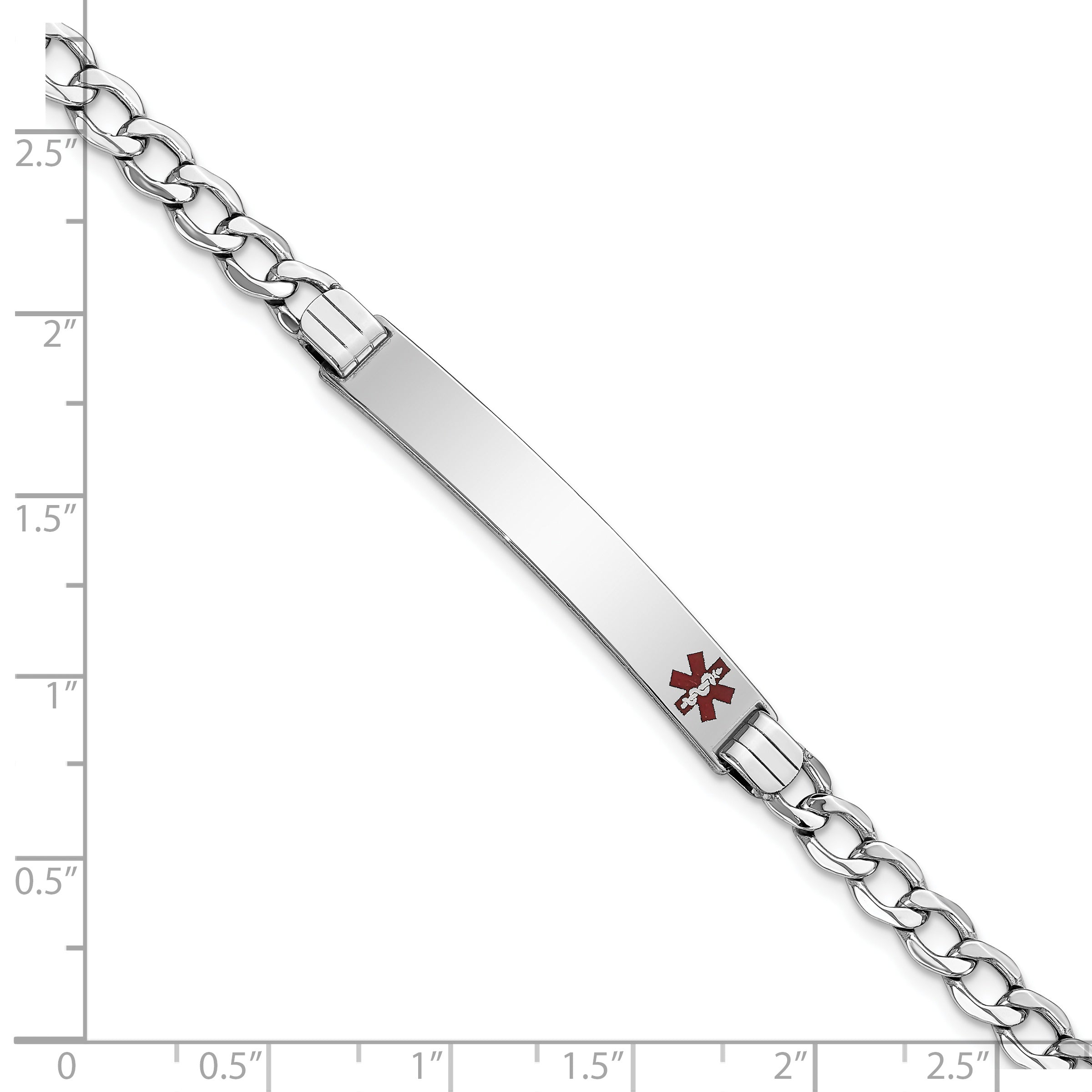 14K White Gold Medical Semi Solid Chain/Solid Plate 37X6mm Off Center Red Enamel Curb Link 8 Inch Id Bracelet